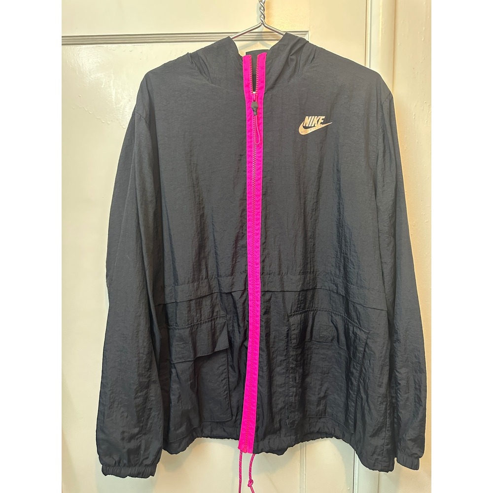 Nike Womens Sportswear Windbreaker Jacket Black Pink Zip Hooded Plus Size 1X
